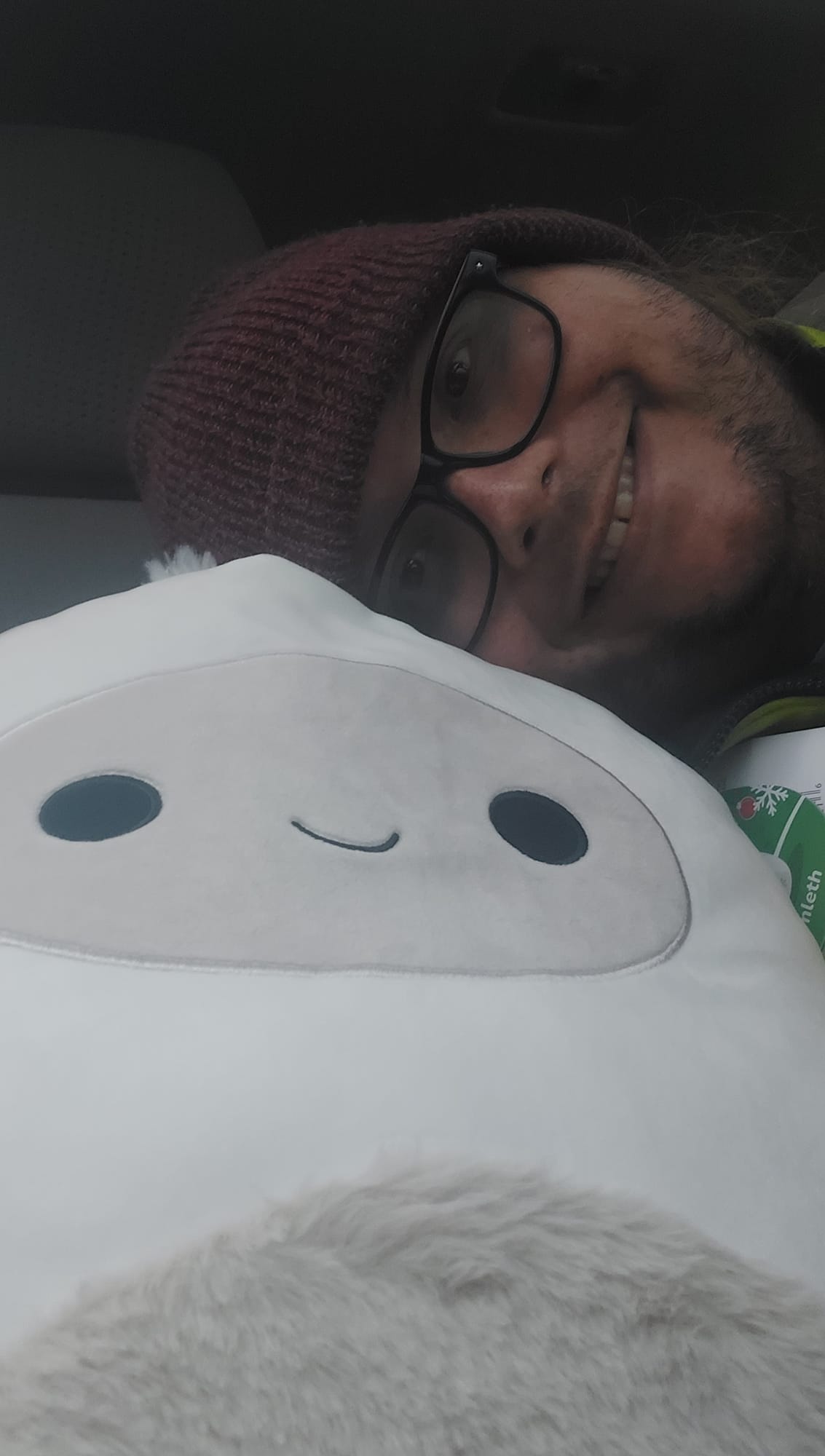 A large yeti Squishmallow sits in the passager seat of a car, a man with a red toque and high visibility coat leans into the frame, smiling